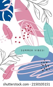 Abstrakter, handgezeichneter Vektor mit tropischen Blättern. Vertikales Banner. Sommer. Vibes. Sommerdesign. Helle Abdeckung für ein Notebook, Stoff, Kleidung, Geschenkpapier.