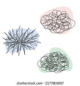 Vector hand drawn abstract elements showing confused mind, tangled thought, sad and angry condition of mind. Vector doodle illustration.