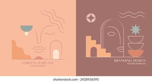Vector hand drawn abstract feminine emblems in ancient aesthetic.Branding design templates in trendy linear minimal style with geometric elements.Boho beauty and fashion concepts.