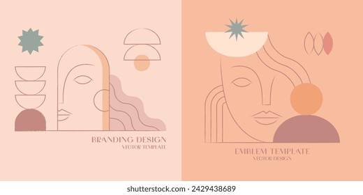 Vector hand drawn abstract feminine emblems in ancient aesthetic.Branding design templates in trendy linear minimal style with geometric elements.Bohemian beauty and fashion concepts.
