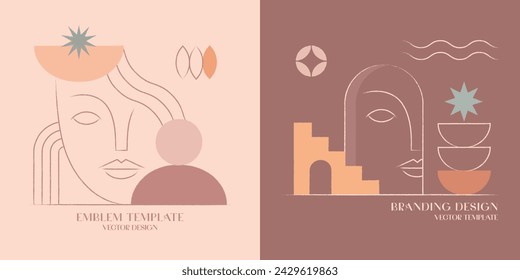 Vector hand drawn abstract feminine emblems in ancient aesthetic.Branding design templates in trendy linear minimal style with woman face,geometric elements.Bohemian beauty and fashion concepts.