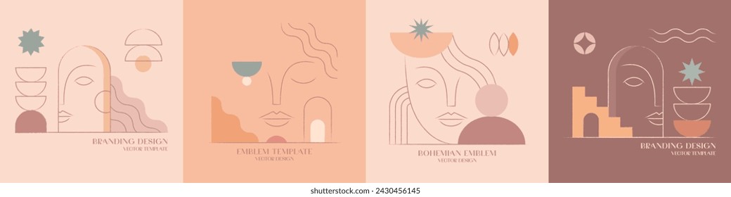 Vector hand drawn abstract feminine emblems in ancient aesthetic.Branding design templates in trendy linear minimal style with woman face and geometric elements.Bohemian beauty and fashion concepts.