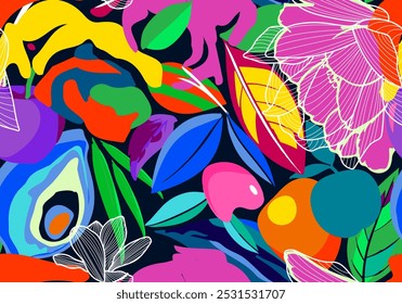 Vektor handgezeichnete abstrakte florale nahtlose Muster. Bunte Blätter Ornament. Trendy zeitgenössisches Blumendesign Perfekt für Stoff, Prints, Social Media, Textil, Einladungen, Branding Design.