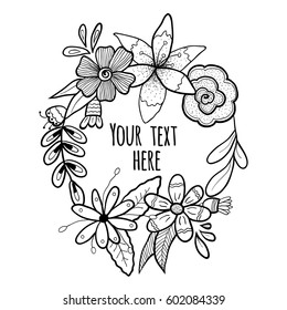 Vector hand drawn abstract floral wreath isolated on white background.