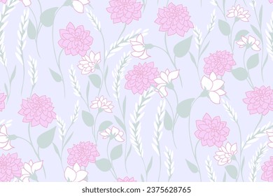 Vector hand drawn abstract flowers dahlia and leaves, buds seamless pattern. Artistic, simple, pastel floral print. Template for design, textile, fashion, print, surface design, fabric