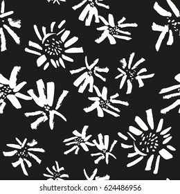 Vector hand drawn abstract flowers seamless pattern. White flowers. Ink doodles. Black and white artistic background.