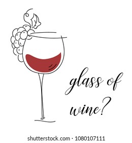 Vector hand drawn abstract glass of wine with bunch of grapes.
