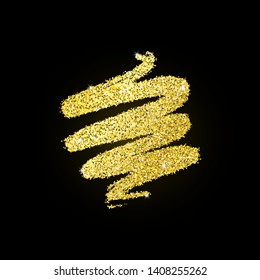 Vector hand drawn abstract gold brush stroke. Shiny color gold design element with glitter effect on black background. Gold sparkles for card, vip, exclusive, certificate, gift, luxury, present.