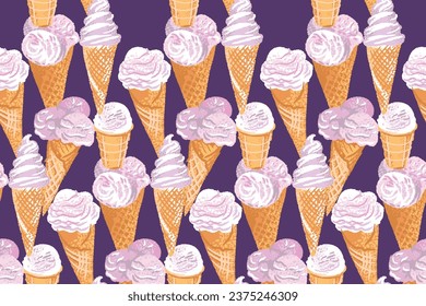 Vector hand drawn abstract ice cream,
ice cream in a cone seamless pattern. Colorful dessert, sweets, print. Template for design, childish, fashion, surface design, wallpaper