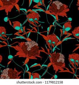 Vector hand drawn abstract illustration of red peony flowers and green leaves seamless pattern. Floral black  background, backdrop element for fabric, textile design. 