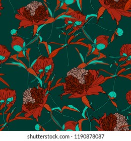 Vector hand drawn abstract illustration of red peony flowers and green leaves seamless pattern. Floral dark green  background, backdrop element for fabric, textile design. 