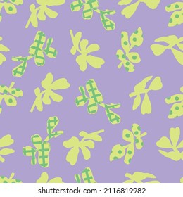Vector hand drawn abstract leaf shape with polka dots and check texture illustration seamless repeat pattern fashion home kitchen print fabric textile digital artwork