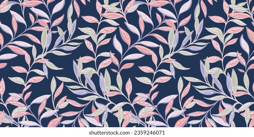 Vector hand drawn abstract leaves intertwined in a seamless pattern. Artistic, colorful foliage tapestry on a black background. Template for design, textile, fashion, print, surface design, paper