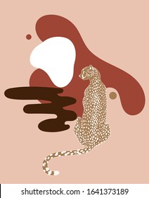 Vector  hand drawn abstract minimalistic illustration of sitting cheetah  isolated. Creative artwork with abstract shapes. Template for postcard, poster, banner, print for t-shirt, label,  patch.