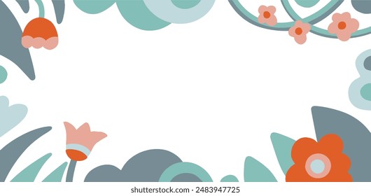 Vector hand drawn abstract organic colorful cartoon background banner flowers in jungle