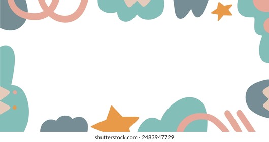 Vector hand drawn abstract organic colorful cartoon background banner rainbow and stars frame