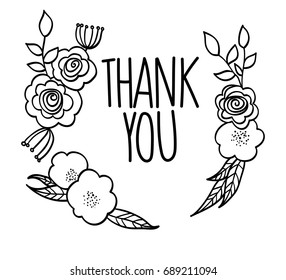 Vector hand drawn abstract outline floral wreath with lettering Thank you isolated on white background.