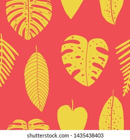 Vector hand drawn abstract seamless pattern with tropical leaves. Summer design, exotic floral graphic print for wrapping, paper cover, textile, fabric, cloth.