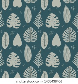 Vector hand drawn abstract seamless pattern with tropical leaves. Summer design, exotic floral graphic print for wrapping, paper cover, textile, fabric, cloth.