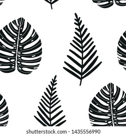Vector hand drawn abstract seamless pattern with tropical leaves. Summer design, exotic floral graphic print for wrapping, paper cover, textile, fabric, cloth.