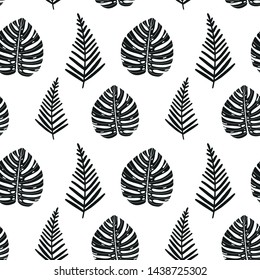 Vector hand drawn abstract seamless pattern with tropical leaves. Summer design, exotic floral graphic print for wrapping, paper cover, textile, fabric, cloth.