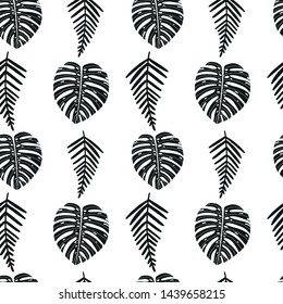 Vector hand drawn abstract seamless pattern with tropical leaves. Summer design, exotic floral graphic print for wrapping, paper cover, textile, fabric, cloth.