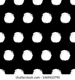 Vector hand drawn abstract seamless pattern with white paint blots, spots and dots.Vector illustration isolated on black background.
