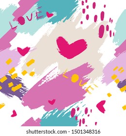 Vector hand drawn abstract seamless pattern with violet brushstrokes, spots, yellow lines, word “love” and heart.  