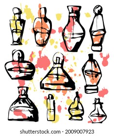 Vektorgrafik, handgezeichnet abstrakter Satz von Parfümflaschen auf buntem, rosafarbenem und gelbem Hintergrund. Das Konzept Parfüm, Aromatherapie, Düfte, Frauen und Blumenduftstoffe.