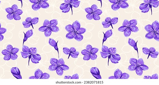 Vector hand drawn abstract shape flowers seamless pattern. Purple floral brush on a beige background. Template for design, fabric, fashion, textile, wallpaper