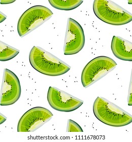 Vector hand drawn abstract tropical pattern of exotic fruit kiwi. Green fruit illustration. Bright kivi desert abstract drawing. Tropical vegeterian food design element.