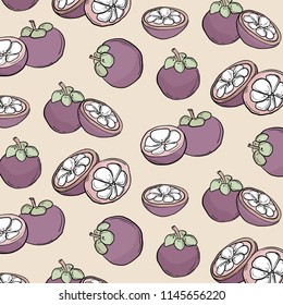 Vector hand drawn abstract tropical pattern of exotic fruit magosteen. Purple fruit illustration. Bright exotic desert abstract drawing. Tropical vegeterian food design element.