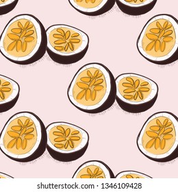  Vector hand -drawn an abstract tropical pattern of exotic fruit passion fruit. Juicy maracuya illustration