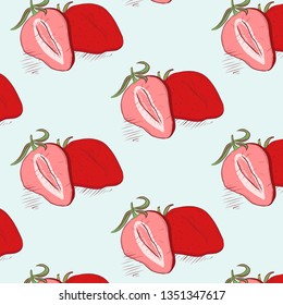Vector hand drawn abstract tropical pattern of exotic fruit strawberry. Red berry fruit illustration.Bright desert abstract drawing. Tropical vegeterian food design element