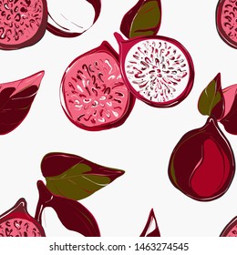 Vector hand drawn abstract tropical fig  pattern of pomegranate in red green contrast colors. Seamless figs fruit illustration. Bright autumn fabric cover abstract drawing. Textile art.