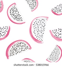 Vector hand drawn abstract tropical pattern of exotic fruit pitaya. Dragon fruit illustration.Bright pitahaya desert abstract drawing. Tropical vegeterian food design element.
