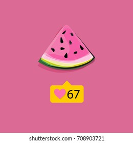 Vector hand drawn abstract tropical exotic fruit watermelon with likes. Pink berry modern illustration.Bright pitahaya desert abstract slice drawing. Tropical vegeterian food design element.
