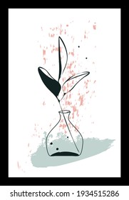 Vector hand drawn abstract wall art, minimalistic boho ink painting style, botanical images of leaves branch, vase, transparent spot in blue, pink color palette, white background