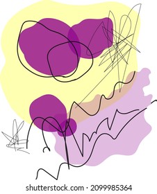 Vector hand drawn abstraction harmony violet, violet yellow abstractive spots, transparent minimalist spots, simple art, multicolor blobs