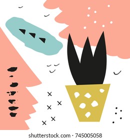 Vector hand drawn abstraction, plant in pot. Poster, texture, background, elements for design.