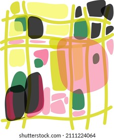 Vector hand drawn abstractive geometrical artwork, warm colors, transparent minimalist spots, simple art, pink and golden colors, black