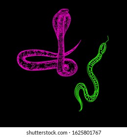 Vector hand drawn acid colorful set of snakes on black background.
