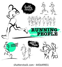 Vector hand drawn active people sketch isolated on white background. Running man silhouette. Ink drawing. Sportsman figure. Human jogging. Brush stroke, contour drawing. Artistic sport logo element.