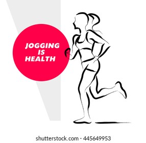 Vector hand drawn active people sketch isolated on white background. Running woman silhouette. Ink drawing. Sportsman figure. Human jogging. Brush stroke, contour drawing. Artistic sport logo element.