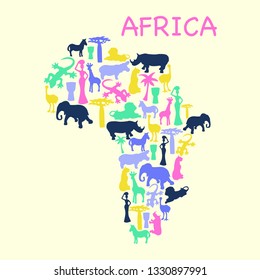 Vector hand drawn african continent map banner with african symbols silhouette