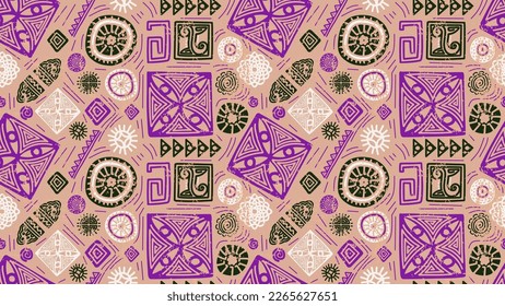 Vector Hand drawn african ethnic pattern, seamless pictogram drawing pink colors, Decorative design for fashion textile print wrapping. Illustration background, natural handmade oriental traditional.