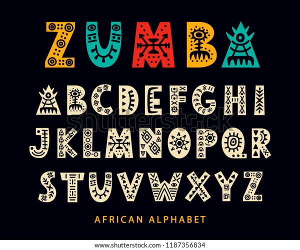 Vector Hand drawn African Tribal Font. Folk\
Scandinavian Script. English Ethnic Alphabet. Decorative ABC\
Letters Set. Typeface\
Design.
