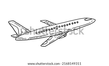 Vector Hand Drawn Airplane Sketch Design. Retro Vintage Style Plane Illustration Isolated on White Background. Soaring Aerial Airship Vehicle Flying for Arrival Landing. Hand Drawn Liner Plane Sketch.