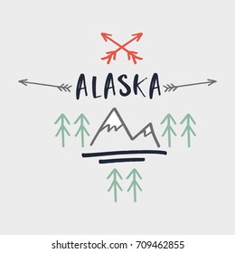 Vector hand drawn Alaska label and elements for design. Logo, poster, postcard, print, sticker.