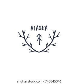 Vector hand drawn Alaska label. Poster, logo, postcard, sticker, print, element for design and other.